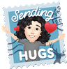 a cartoon girl with her arms outstretched is on a postage stamp that says `` sending hugs '' .