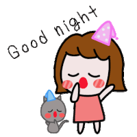 a cartoon girl with a cat and the words good night written above her