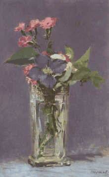 a painting of pink and blue flowers in a glass vase by thomas