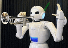 a white robot is playing a trumpet and giving a thumbs up .