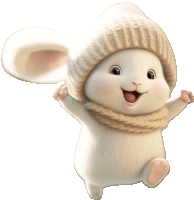 a rabbit wearing a knitted hat and scarf is jumping in the air