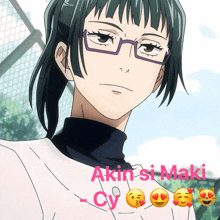 a picture of a girl with glasses and the name akin si maki on the bottom