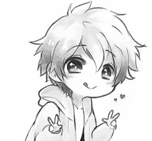 a black and white drawing of a chibi boy giving the peace sign .