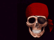 a pirate skull with a red bandana around its eye