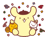 pompompurin is sitting next to a cat and squirrel .