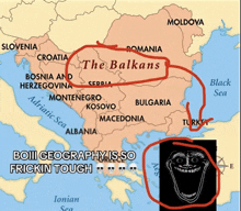 a map of the balkans with a picture of a troll face on it