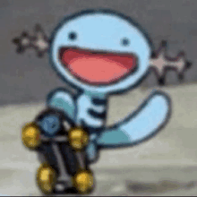 a cartoon axolotl is riding a skateboard on a sidewalk .