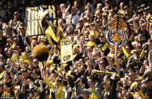 a tigers fan holds a sign that says cup