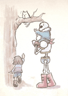 a drawing of a girl standing next to a skeleton and a dog sitting on a tree branch