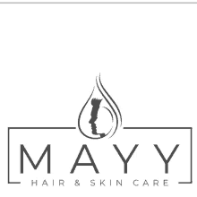 a logo for mayy hair and skin care with a drop of hair and a face