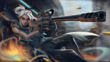 a painting of a woman holding a sniper rifle with bullets in the background