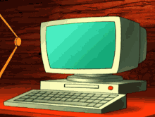 a cartoon drawing of an old computer with a red button