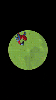 a cartoon character in a sniper scope with a green background