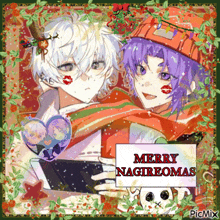 a couple of anime characters holding a sign that says merry nagureomas