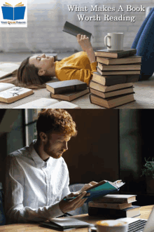 a woman laying on the floor reading a book next to a stack of books