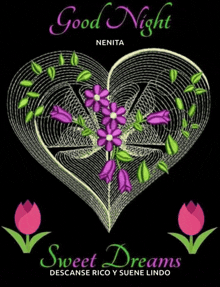 a heart with purple flowers and green leaves on a black background