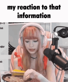 a woman wearing headphones sitting in front of a microphone with the words " my reaction to that information "