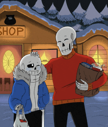 two skeletons standing in front of a shop holding bags of candy