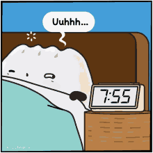 a cartoon shows a clock reading 7:55