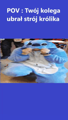 a person in a stitch costume is kneeling down on the floor