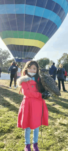 a little girl in a pink coat holding an owl in front of a hot air balloon