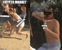 a picture of a group of people and a picture of a man with a bear on his head that says crypto market