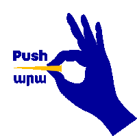 a blue hand with a yellow arrow pointing to the word push in white letters