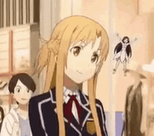 a girl in a school uniform is standing in a room with a doll flying in the background .