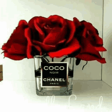 a bottle of coco noir chanel perfume with red roses