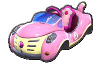 a pink and yellow cartoon car with a woman sitting in the back seat .