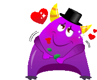 a purple monster with horns and a top hat is surrounded by hearts