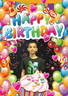 a boy is standing in front of a cupcake with the words happy birthday written above him