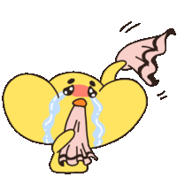 a yellow cartoon character is crying while holding a pink cloth