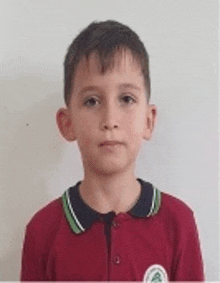 a young boy in a school uniform is standing in front of a white wall and looking at the camera .