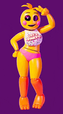 chica the chicken from five nights at freddy 's is standing on a purple background and giving a peace sign .