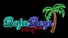 a neon sign that says baja boys with a palm tree and an ak47