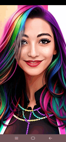 a woman with rainbow hair is smiling and wearing a black top