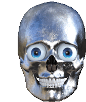 a silver skull with blue eyes and white teeth on a white background