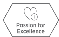 a logo for passion for excellence with a heart and plus sign