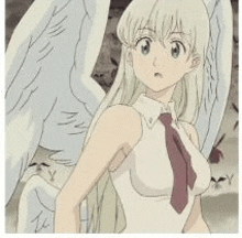 a blonde anime girl with wings and a tie is standing next to a bird .