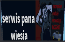 a sign for serwis pana wiesia shows a cartoon character