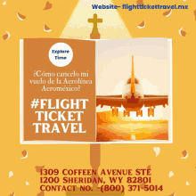 an advertisement for flight ticket travel shows a plane taking off