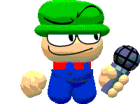 a cartoon character wearing a green hat and blue overalls holds a microphone