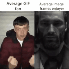 a black and white photo of a man with a beard is next to a gif of a man with a beard .