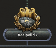 a badge with a globe and the word realpolitik on it