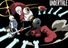 a poster for undertale shows a skeleton and a child