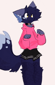 a drawing of a blue cat wearing a pink hoodie