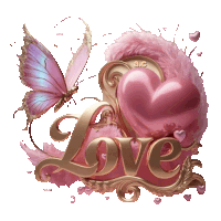 a butterfly sits on a pink heart with the word love