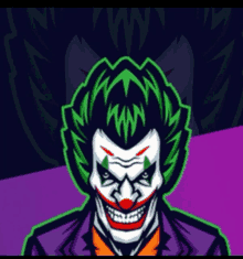 a clown with green hair and a red nose is smiling on a purple background .