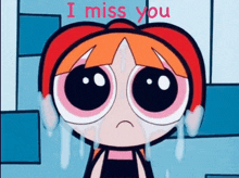 a cartoon character is crying with the words " i miss you " written above her